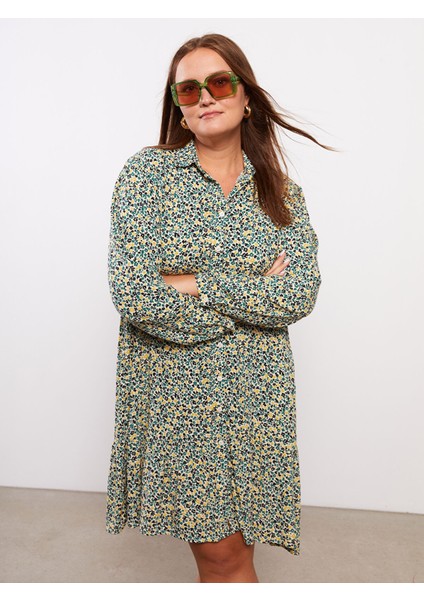 Yeni Sezon Büyük Beden Gömlek Yaka Desenli Uzun Kollu Viskon Elbise modelleri