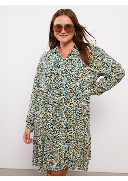 Yeni Sezon Büyük Beden Gömlek Yaka Desenli Uzun Kollu Viskon Elbise fırsatları