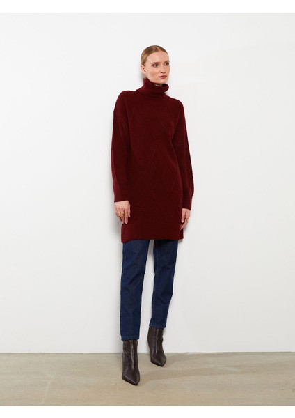 Yeni Sezon Balıkçı Yaka Kendinden Desenli Uzun Kollu Kadın Tunik