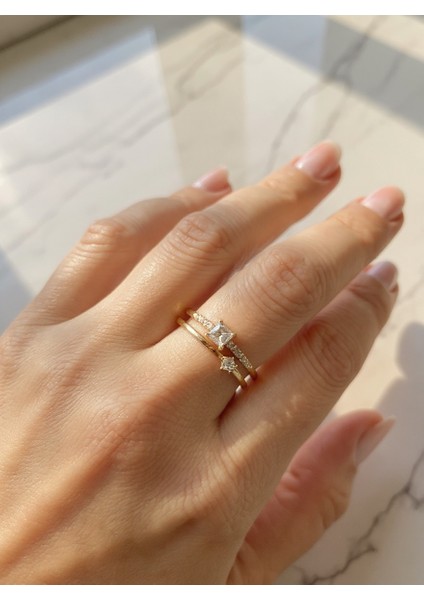 Ayarlanabilir Çelik Çift Taşlı Minimal Yüzük – Gold Renk / Pure Balance Collection