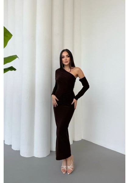Kadın Drapeli Uzun Kollu Tek Omuz Detaylı Elbise