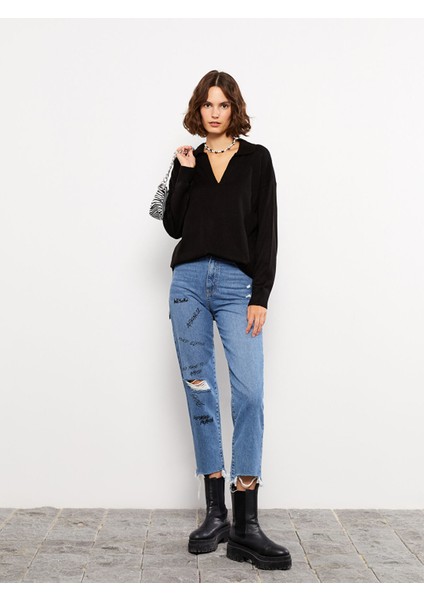Yeni Sezon Polo Yaka Düz Uzun Kollu Kadın Triko Tunik