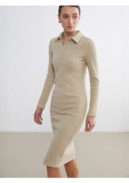 Yeni Sezon Gömlek Yaka Parlak Görünümlü Elbise