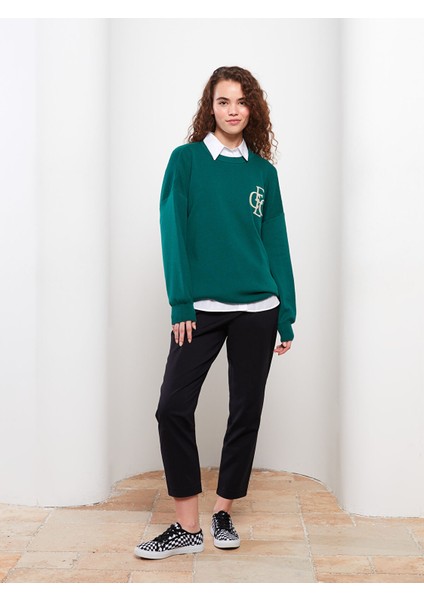 Yeni Sezon Bisiklet Yaka Nakışlı Uzun Kollu Kadın Triko Tunik