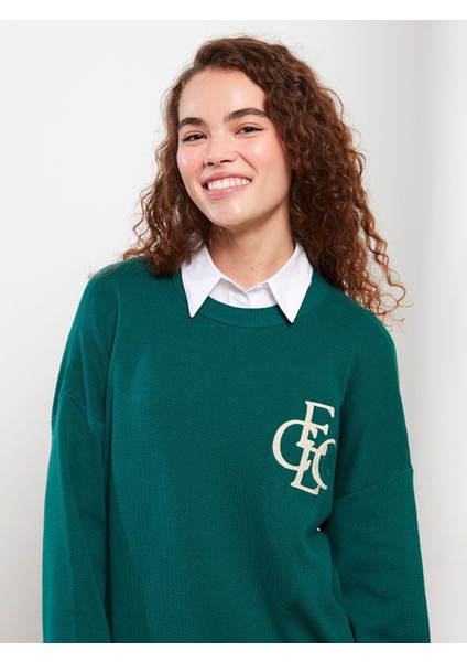 Yeni Sezon Bisiklet Yaka Nakışlı Uzun Kollu Kadın Triko Tunik modelleri