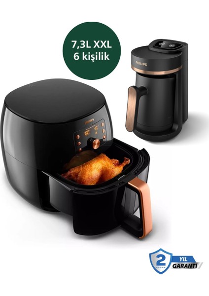 Rapid Air Teknoloji Premium, Dev 7.3 Litrelik Hacmi, 2250W Gücü Xxl Premium Airfryer & Fritöz + Philips Türk Kahve Makinesi