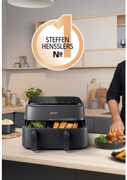 %90’a Kadar Daha Az Yağ ile Sağlıklı Kızartma Çift Hazneli Büyük Hacim – 6 L + 3 L ile Maksimum Esneklik 3000 Serisi Çift Hazneli Airfryer & Fritöz