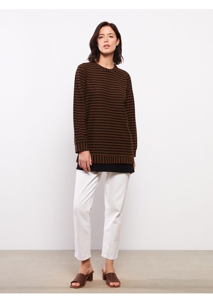 Yeni Sezon Bisiklet Yaka Çizgili Uzun Kollu Oversize Kadın Tunik