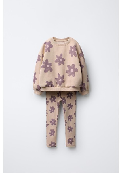 Kız Çocuk Pamuklu Krem Lila Çiçek Desenli Sweatshirt & Tayt Takım