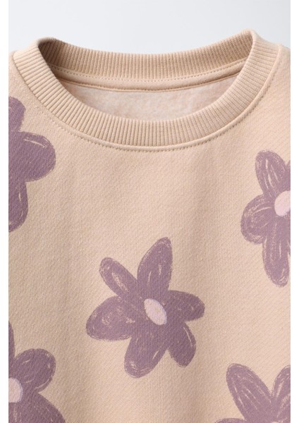 Kız Çocuk Pamuklu Krem Lila Çiçek Desenli Sweatshirt & Tayt Takım modelleri