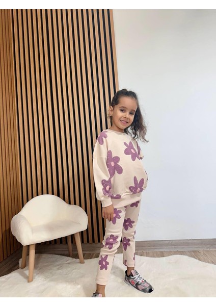 Kız Çocuk Pamuklu Krem Lila Çiçek Desenli Sweatshirt & Tayt Takım fırsatları