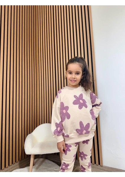 Kız Çocuk Pamuklu Krem Lila Çiçek Desenli Sweatshirt & Tayt Takım indirimleri