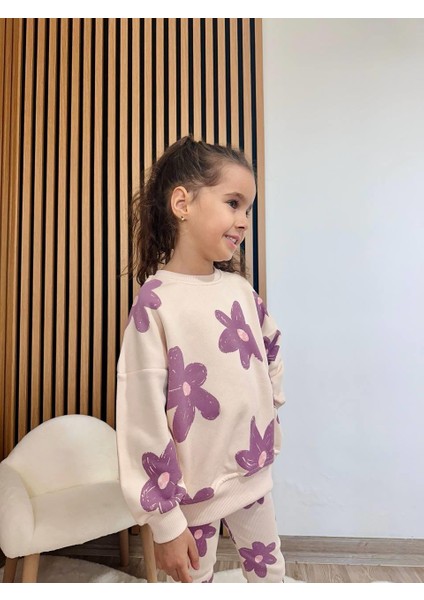Kız Çocuk Pamuklu Krem Lila Çiçek Desenli Sweatshirt & Tayt Takım