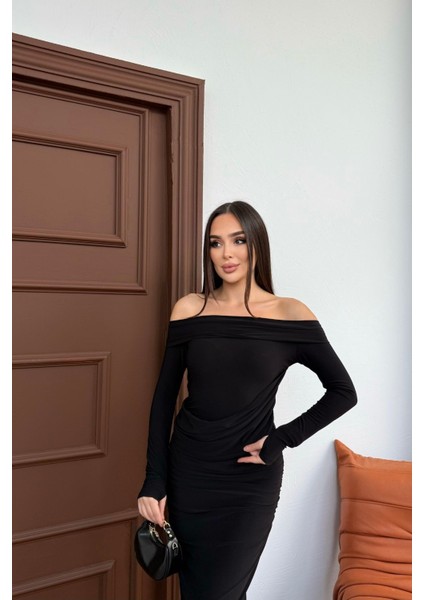 Kadın Drapeli Uzun Kollu Modonna Yaka Parmak Geçirmeli Büzgülü Detaylı Elbise indirimleri