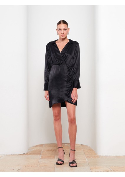 Yeni Sezon Gömlek Yaka Düz Uzun Kollu Saten Elbise