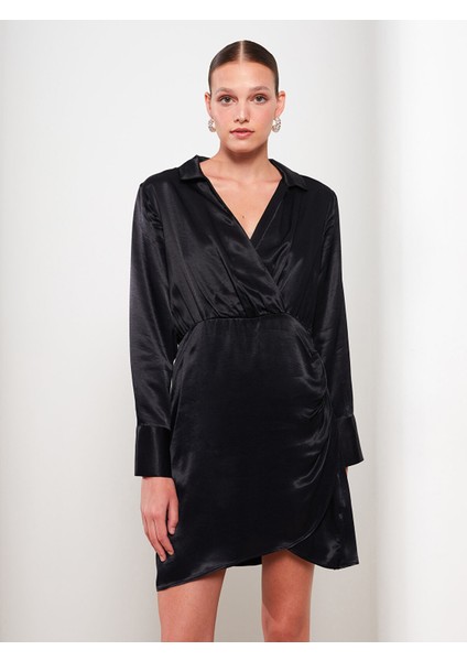 Yeni Sezon Gömlek Yaka Düz Uzun Kollu Saten Elbise fiyatları