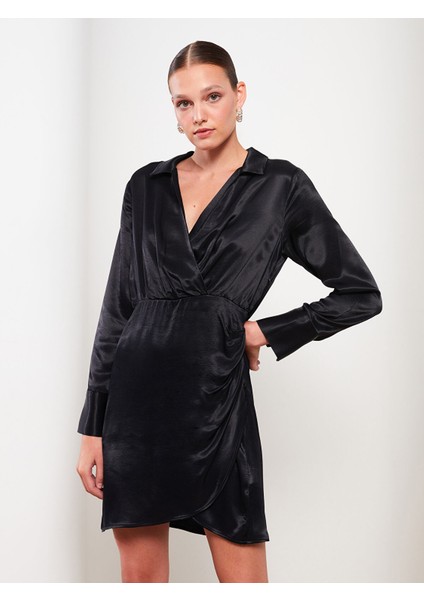 Yeni Sezon Gömlek Yaka Düz Uzun Kollu Saten Elbise modelleri