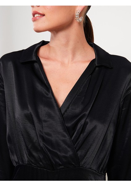 Yeni Sezon Gömlek Yaka Düz Uzun Kollu Saten Elbise fırsatları