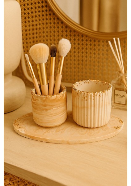 Beton Oval Tepsili 2’li Fırçalık & Pamukluk Seti