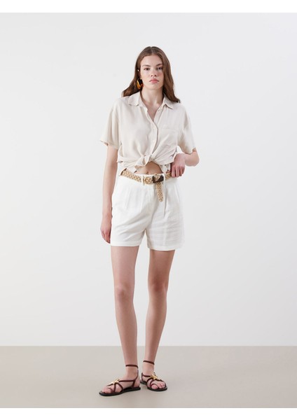 Yeni Sezon Beli Kemerli Keten Karışımlı Kadın Pileli Şort
