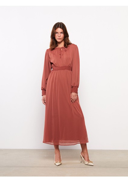 Yeni Sezon Bağlamalı Yaka Düz Uzun Kollu Şifon Kadın Elbise