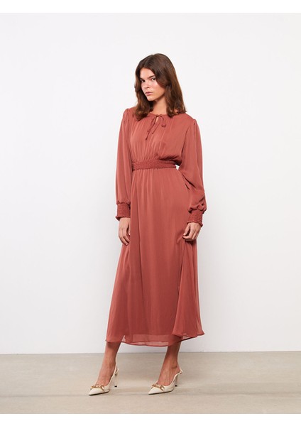 Yeni Sezon Bağlamalı Yaka Düz Uzun Kollu Şifon Kadın Elbise fiyatları