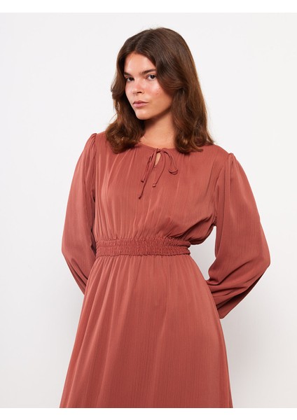 Yeni Sezon Bağlamalı Yaka Düz Uzun Kollu Şifon Kadın Elbise modelleri