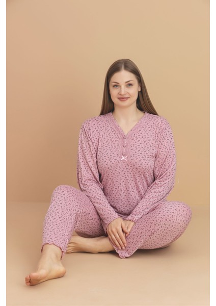 Kadın Büyük Beden Desenli Yakası Düğmeli Uzun Kollu Bambu Pijama Takımı