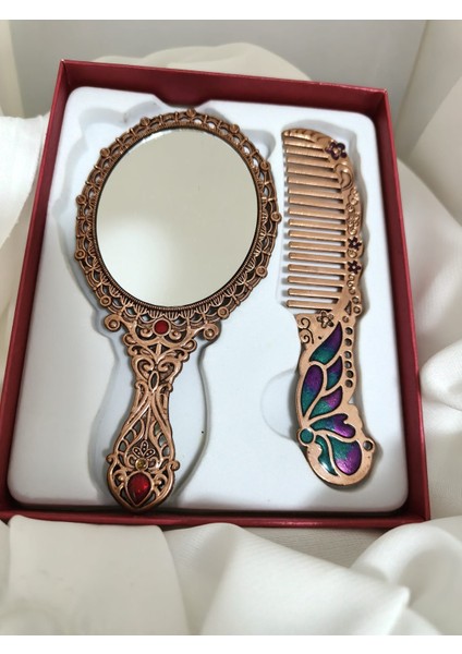 Gül ve Kelebek Motifli Vintage Ayna ve Tarak Seti modelleri
