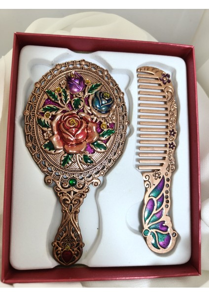 Gül ve Kelebek Motifli Vintage Ayna ve Tarak Seti fırsatları