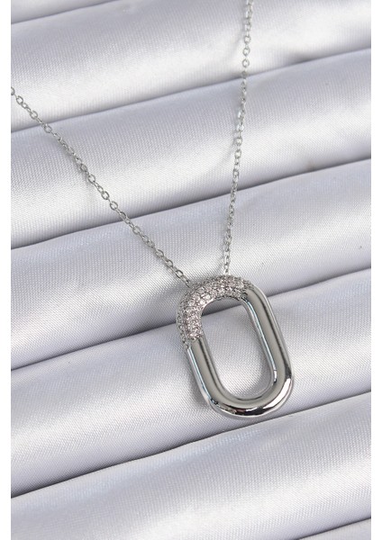 316L Çelik Zincir Gümüş Renk Zirkon Taşlı Oval Halka Model Kadın Kolye