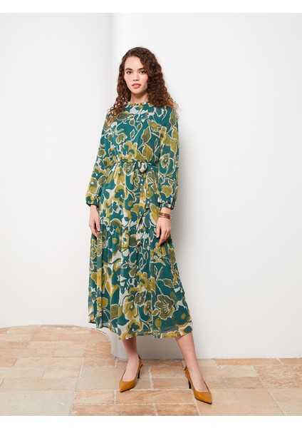 Yeni Sezon Fırfırlı Dik Yaka Desenli Uzun Kollu Elbise