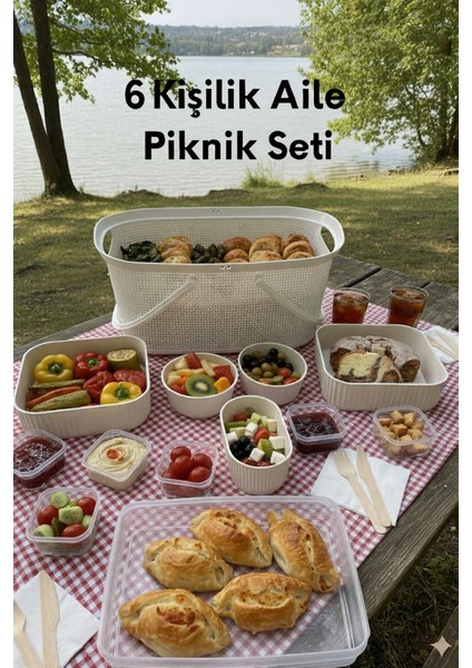 6 Kişilik Aile Piknik Seti – Saklama Kabı Seti + Büyük Piknik Sepeti (12 Parça)