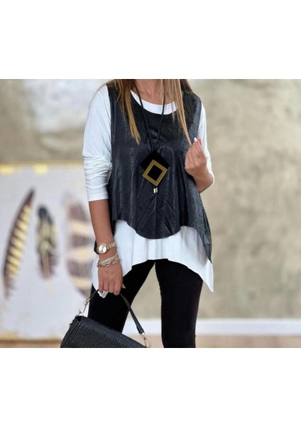 Mdb Kadın Siyah Deri Yelekli Kolye Dahil Üçlü Takım