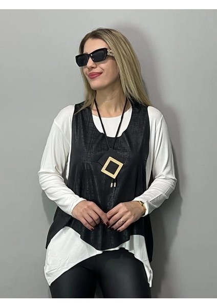 Mdb Kadın Siyah Deri Yelekli Kolye Dahil Üçlü Takım fiyatları