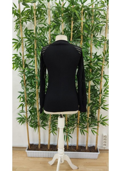 Kadın Uzun Kollu Tül Detaylı Bisiklet Yakalı Kaşkorse Bluz