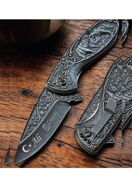 Kişiye Özel Isimli Columbia Ay Yıldız Baskılı Ayılı Çakı FX-2510-B 20 cm Kutulu Paslanmaz Cep Çakı