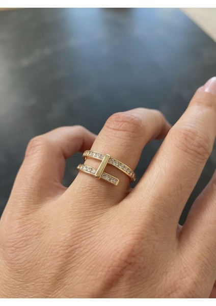 Ayarlanabilir Çelik Twin Bar Yüzük – Gold Renk / Urban Chic Collection