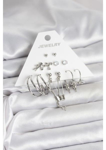 Zarif Kulaklar Için 6parça Silver Pirinç Tasarım Kadın Küpe Seti