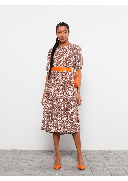 Yeni Sezon Bisiklet Yaka Desenli Kısa Kollu Viskon Elbise