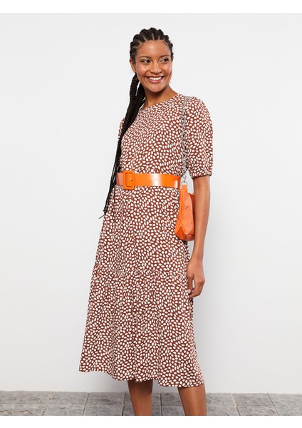 Yeni Sezon Bisiklet Yaka Desenli Kısa Kollu Viskon Elbise modelleri