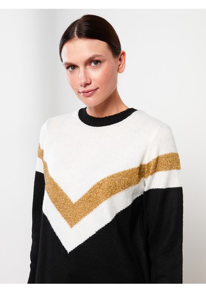 Yeni Sezon Bisiklet Yaka Renk Bloklu Uzun Kollu Kadın Triko Tunik