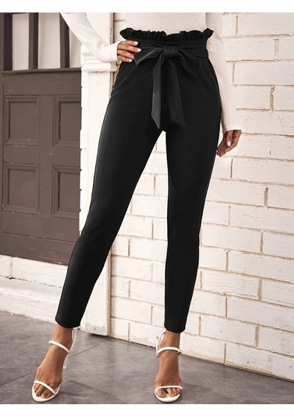Mdb Kadın Yüksek Bel Beli Fırfırlı Önden Bağlamalı Ithal Krep Pantolon