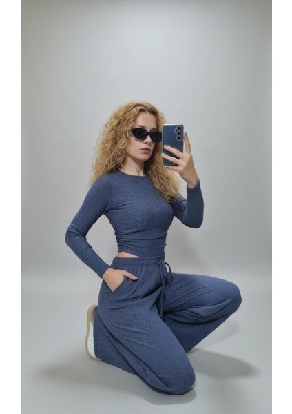 Fitilli Crop Üst ve Yüksek Bel Ipli Eşofman Altı (Jogger) Ikili Triko Kadın Takım