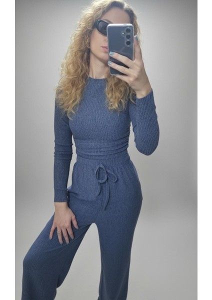 Fitilli Crop Üst ve Yüksek Bel Ipli Eşofman Altı (Jogger) Ikili Triko Kadın Takım fiyatları