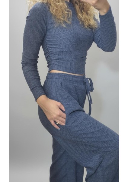 Fitilli Crop Üst ve Yüksek Bel Ipli Eşofman Altı (Jogger) Ikili Triko Kadın Takım modelleri