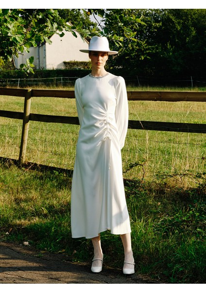 Yeni Sezon Bisiklet Yaka Büzgülü Krep Elbise fiyatları