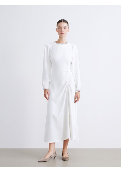 Yeni Sezon Bisiklet Yaka Büzgülü Krep Elbise fırsatları