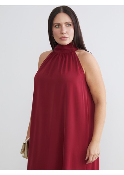 Yeni Sezon Büyük Beden Halter Yaka Büzgülü Elbise fiyatları