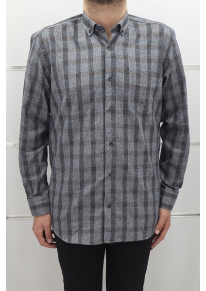 Fistan Store Erkek Gri Ekose Kareli Klasik Kesim Rahat Kalıp Tek Cepli Kışlık Kaşmir Gömlek